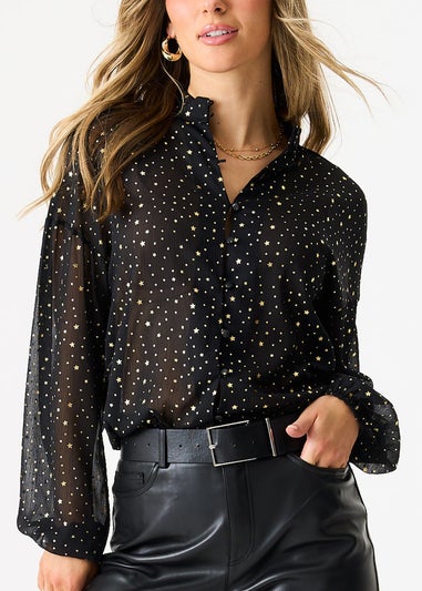 Gini London Black Star Print Button Through Blouse