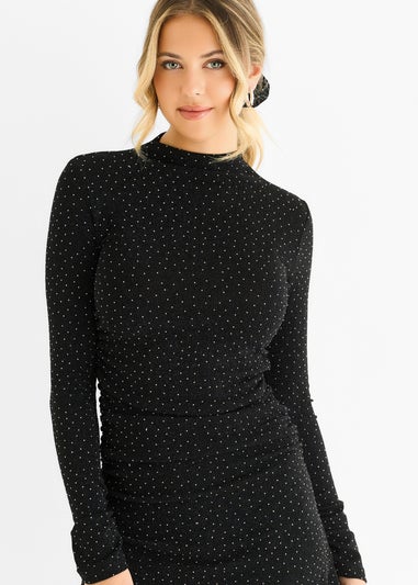 Gini London Black High Neck Stud Hot Fix Stretchy Mini Dress