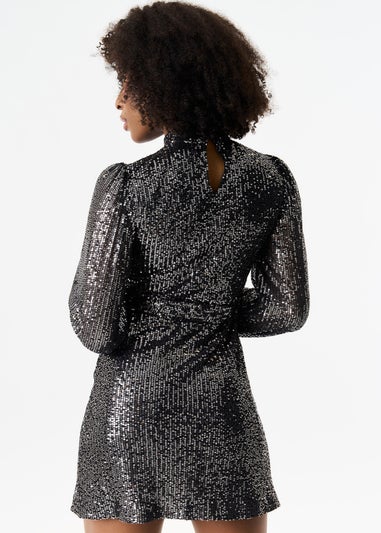 Gini London Black High Neck Long Sleeves Belted Sequin Dress