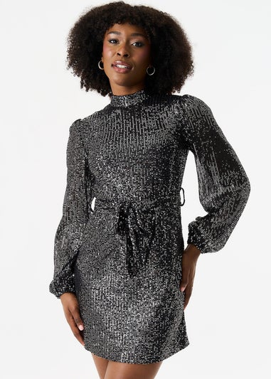 Gini London Black High Neck Long Sleeves Belted Sequin Dress