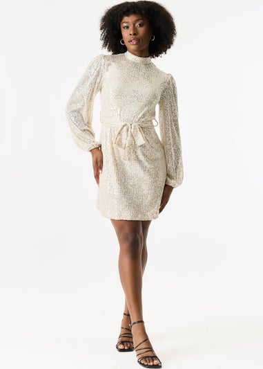 Gini London Cream High Neck Long Sleeves Belted Sequin Dress