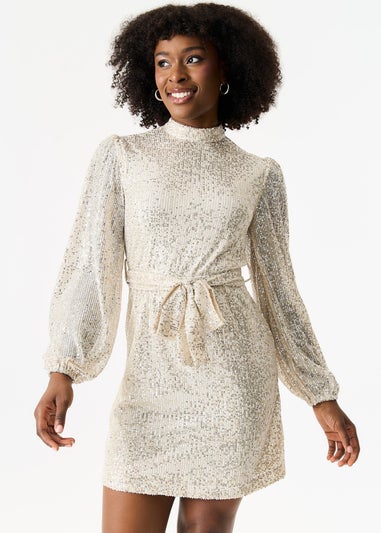 Gini London Cream High Neck Long Sleeves Belted Sequin Dress