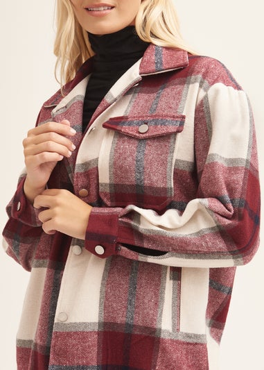 Gini London Burgundy Check Oversized Pocket Detail Shacket