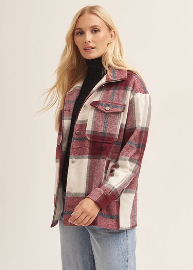 Gini London Burgundy Check Oversized Pocket Detail Shacket