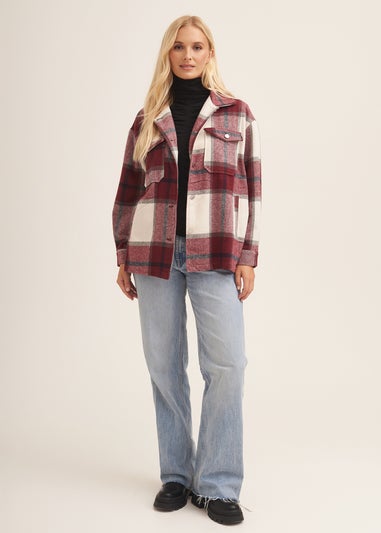 Gini London Burgundy Check Oversized Pocket Detail Shacket