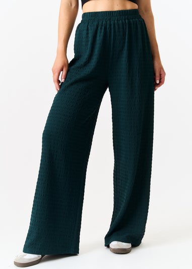 Gini London Bottle Green Textured Elastic Waist Pull On Trousers