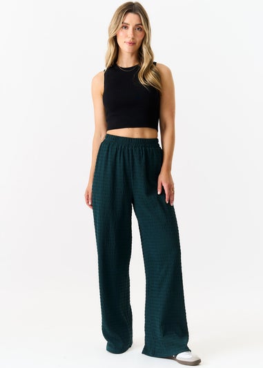 Gini London Bottle Green Textured Elastic Waist Pull On Trousers