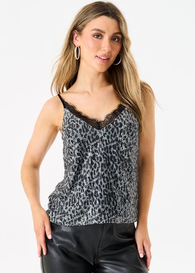 Gini London Grey Animal Sequin Lace Trim Cami Top