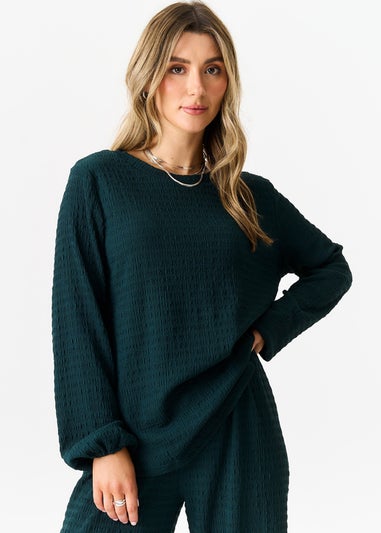 Gini London Bottle Green Textured Long Sleeves Oversized Top