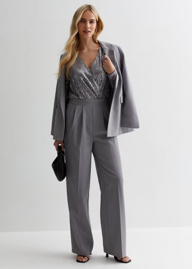 Gini London Gun Metal Sequin Wrap Long Sleeves Bodysuit