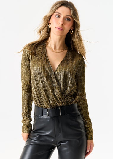 Gini London Gold Metallic Plisse Wrap Front Bodysuit