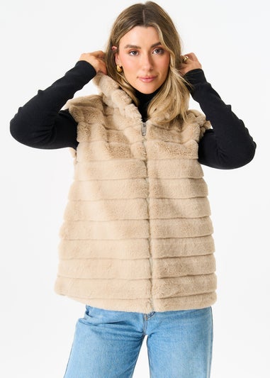 Gini London Beige Zip Front Hooded Fur Gilet