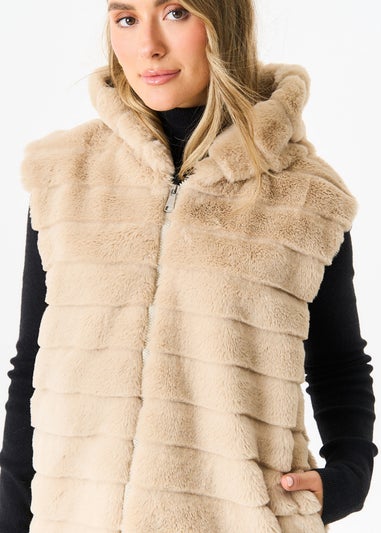 Gini London Beige Zip Front Hooded Fur Gilet