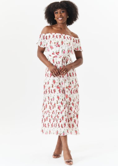 Gini London Ivory Rose Print Pleated Tiered Bardot Midaxi Dress