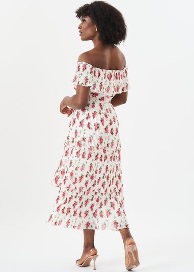 Gini London Ivory Rose Print Pleated Tiered Bardot Midaxi Dress