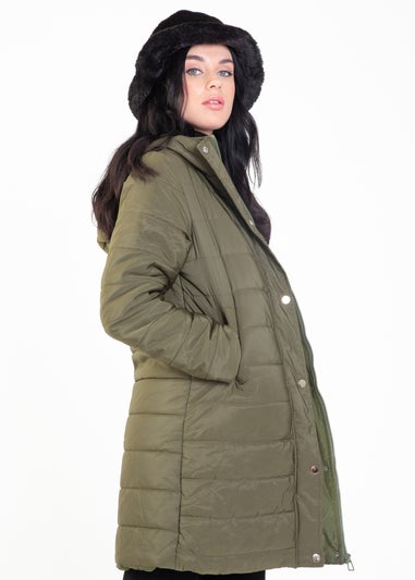 Gini London Khaki Longline Padded Jacket with Hood