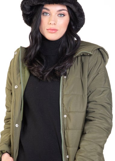 Gini London Khaki Longline Padded Jacket with Hood