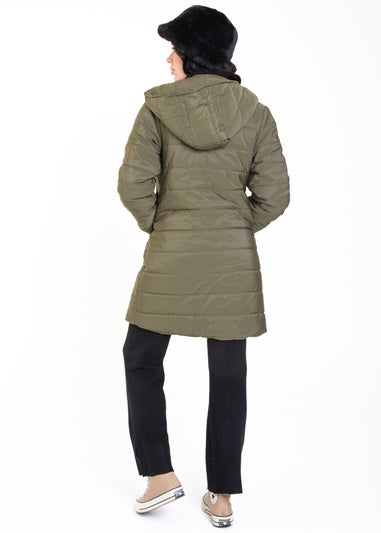 Gini London Khaki Longline Padded Jacket with Hood