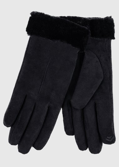 Totes Isotoner Black One Point Faux Suede Glove with Faux Fur Cuff Detail