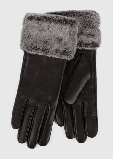 Totes Isotoner Black Leather Glove With Faux Fur Cuff