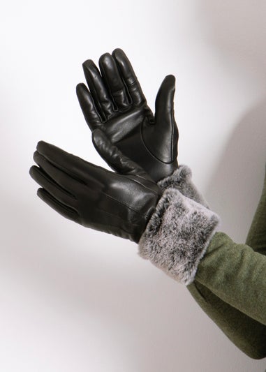 Totes Isotoner Black Leather Glove With Faux Fur Cuff