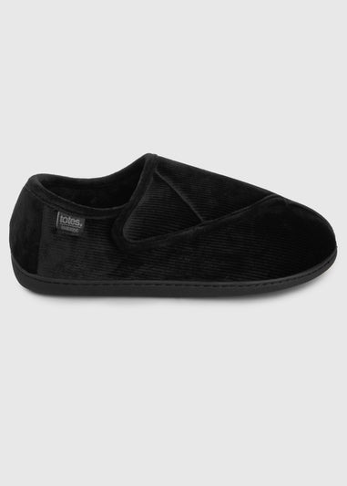 Totes Isotoner Black Velour Closed Back Slipper With Velcro Opening