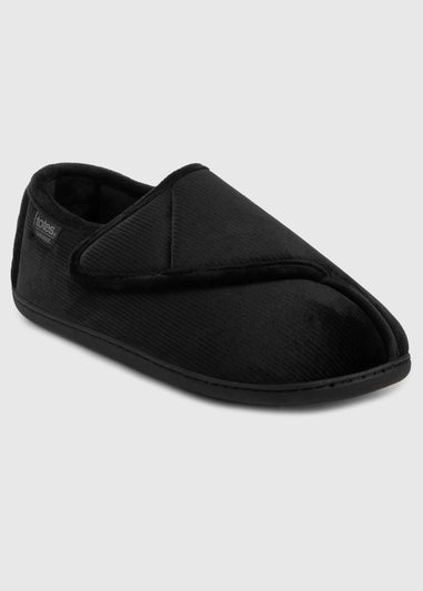 Totes Isotoner Black Velour Closed Back Slipper With Velcro Opening