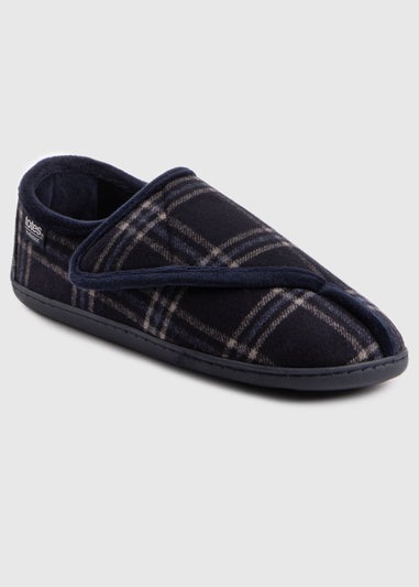 Totes Isotoner Navy Velour Closed Back Slipper With Velcro Opening