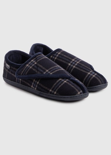 Totes Isotoner Navy Velour Closed Back Slipper With Velcro Opening