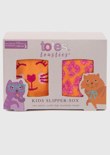 Totes Toasties Orange Kids Original Novelty Slipper Socks (Twin Pack)