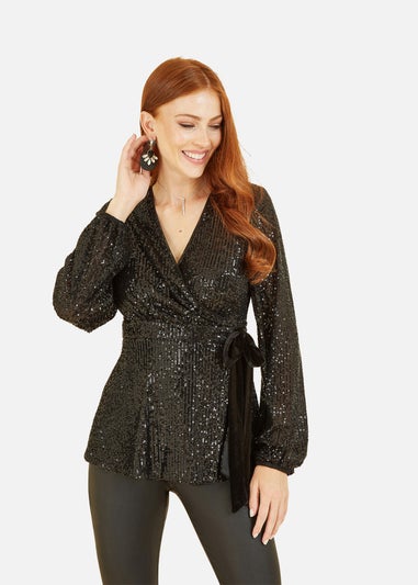 Yumi Black Sequin Wrap Top With Velvet Tie