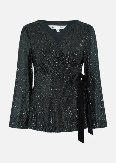 Yumi Black Sequin Wrap Top With Velvet Tie