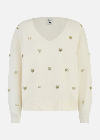 Yumi Ivory Sequin Heart V Neck Jumper