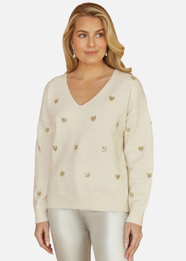 Yumi Ivory Sequin Heart V Neck Jumper