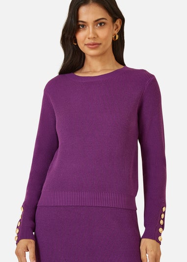 Yumi Purple Rib Knitted Jumper With Sleeve Button Detail