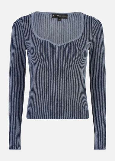 Yumi Blue Knitted Rib Fitted Jumper