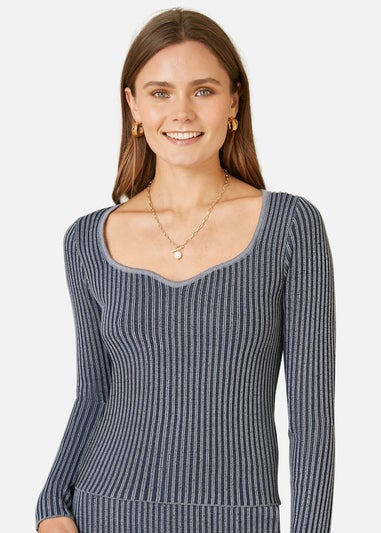 Yumi Blue Knitted Rib Fitted Jumper