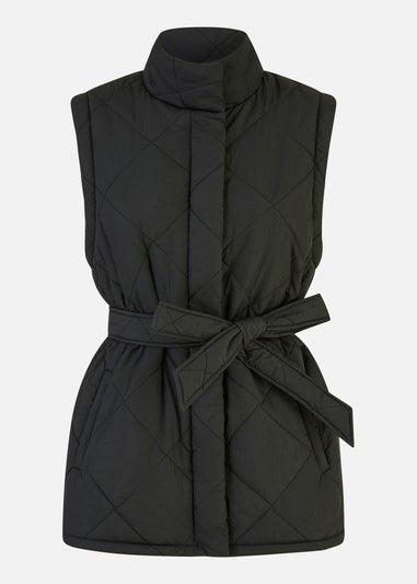 Yumi Black High Neck Quilted Gilet With Belt