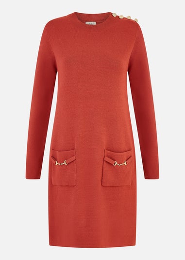 Yumi Burnt Orange Knitted Tunic Dress With Gold Hardware Details