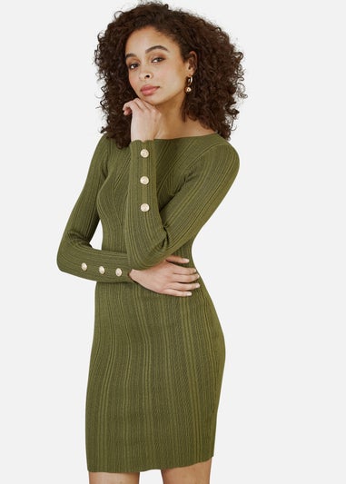 Yumi Green Shimmer Fitted Midi Dress With Button