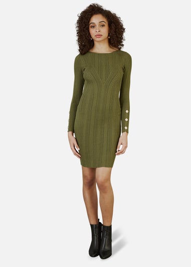 Yumi Green Shimmer Fitted Midi Dress With Button