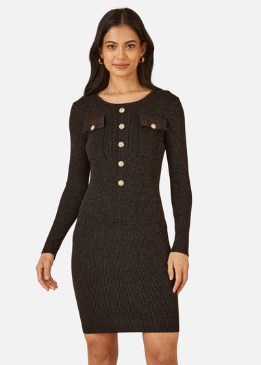 Yumi Black Metallic Military Fitted Knitted Dress