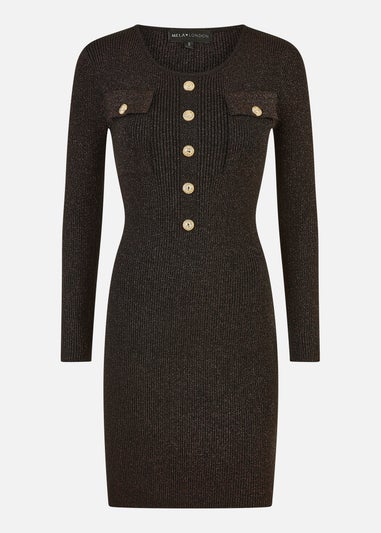 Yumi Black Metallic Military Fitted Knitted Dress