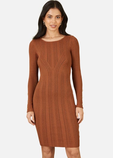 Yumi Brown Shimmer Fitted Midi Dress With Button