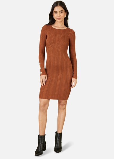 Yumi Brown Shimmer Fitted Midi Dress With Button