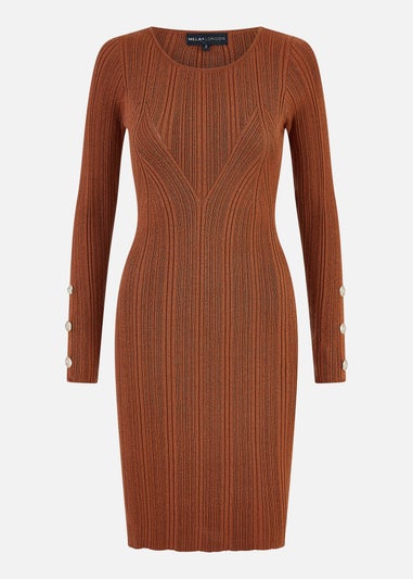 Yumi Brown Shimmer Fitted Midi Dress With Button