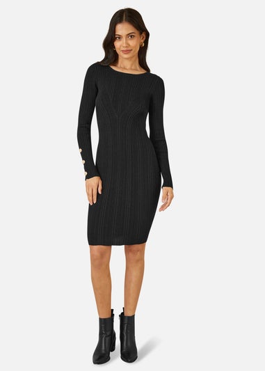 Yumi Black Shimmer Fitted Midi Dress With Button