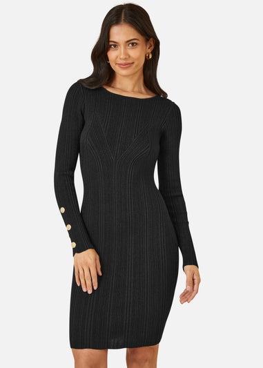 Yumi Black Shimmer Fitted Midi Dress With Button