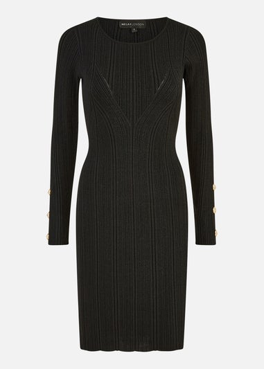 Yumi Black Shimmer Fitted Midi Dress With Button