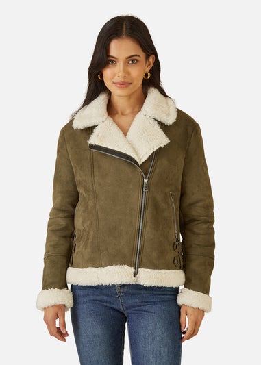 Yumi Green Faux Suede & Shearling Biker Jacket